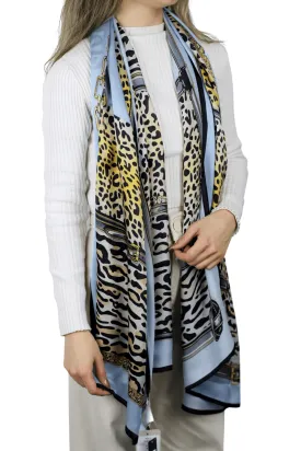 Leopard Print 100% Silk Scarf - Blue & Black
