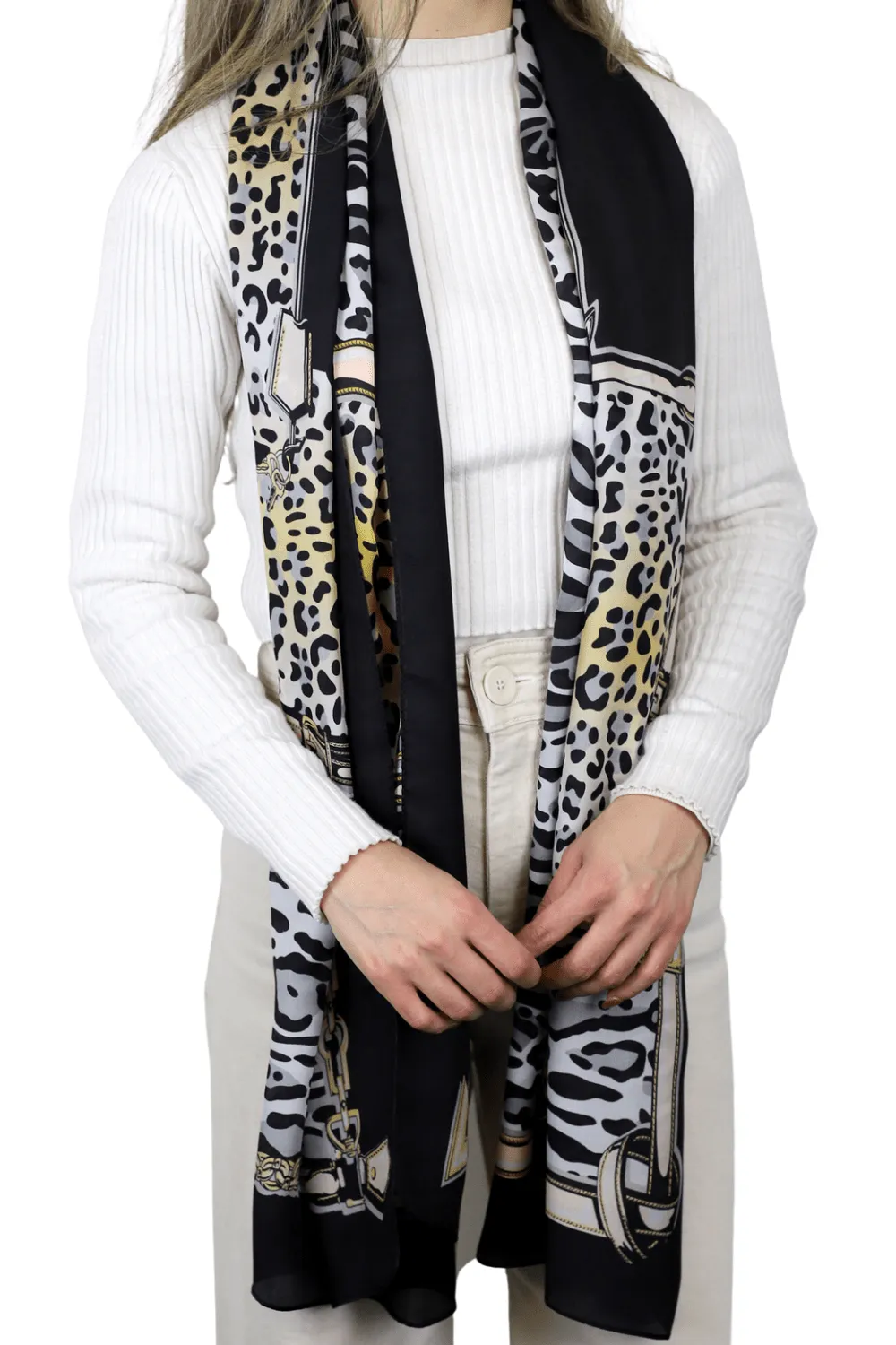 Leopard Print 100% Silk Scarf - Blue & Black