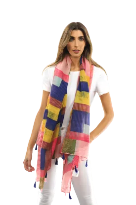 Multi-colored pattern woven scarf-Pink