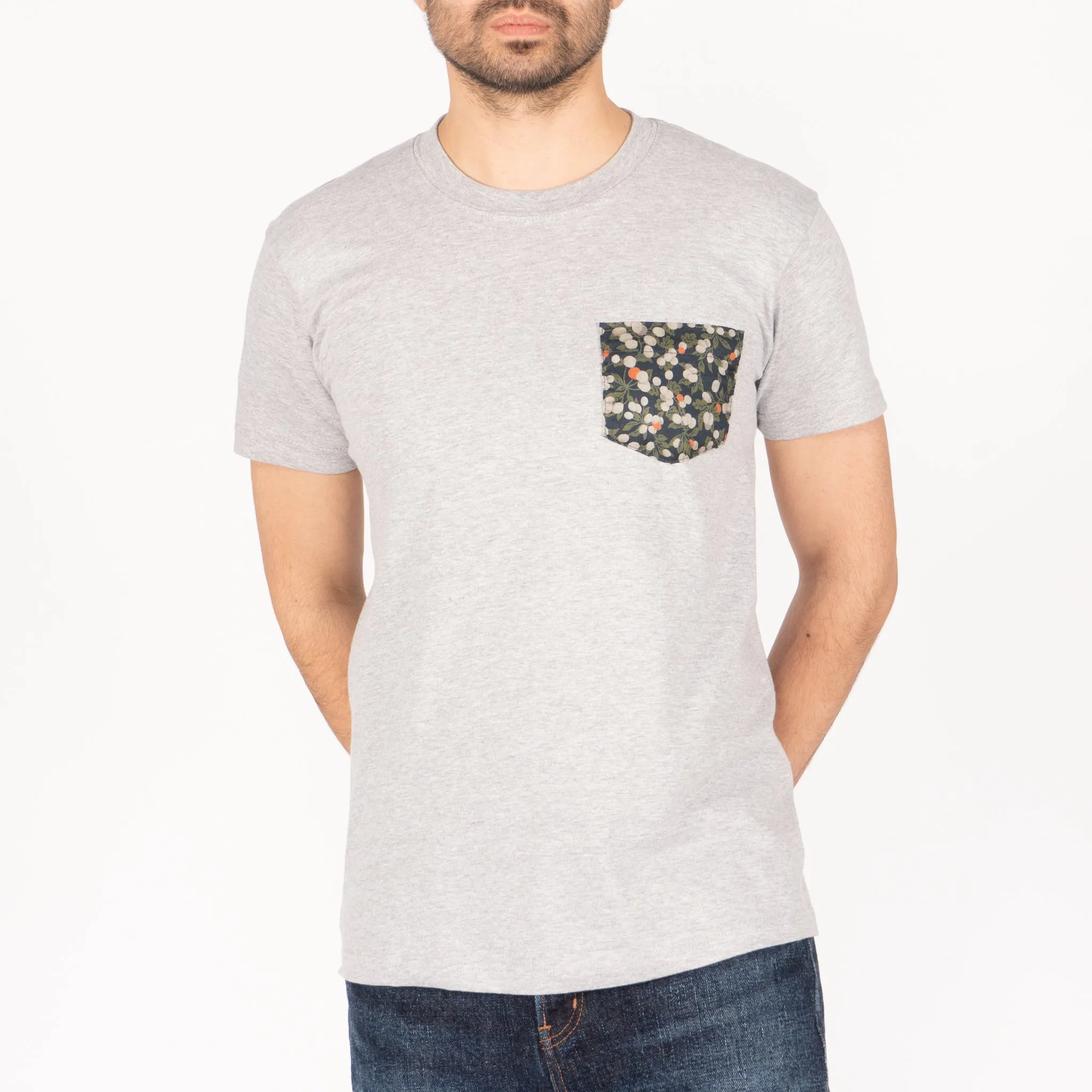 Pocket Tee - Heather Grey - Fruit Print - Navy