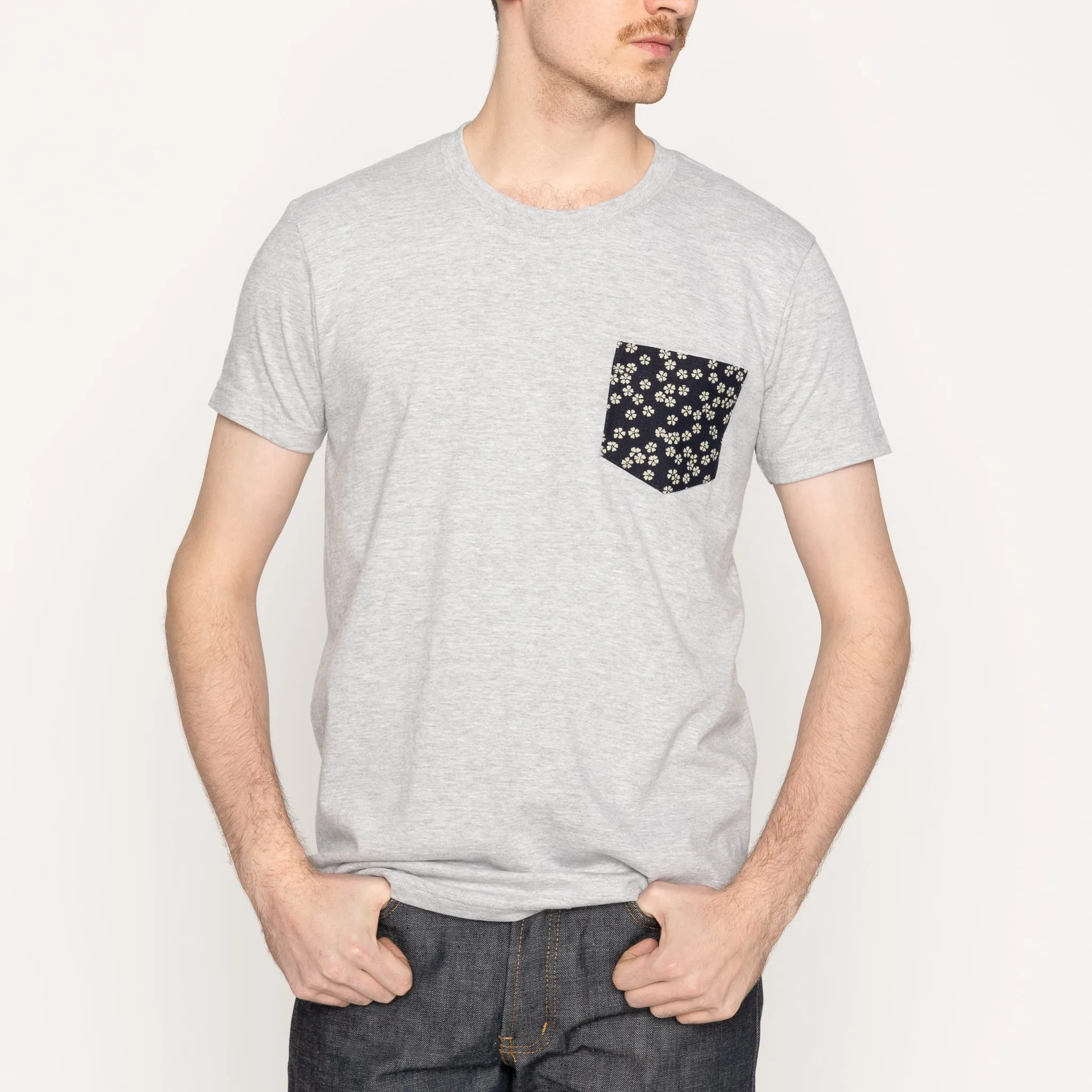 Pocket Tee - Heather Grey - Kimono Flowers
