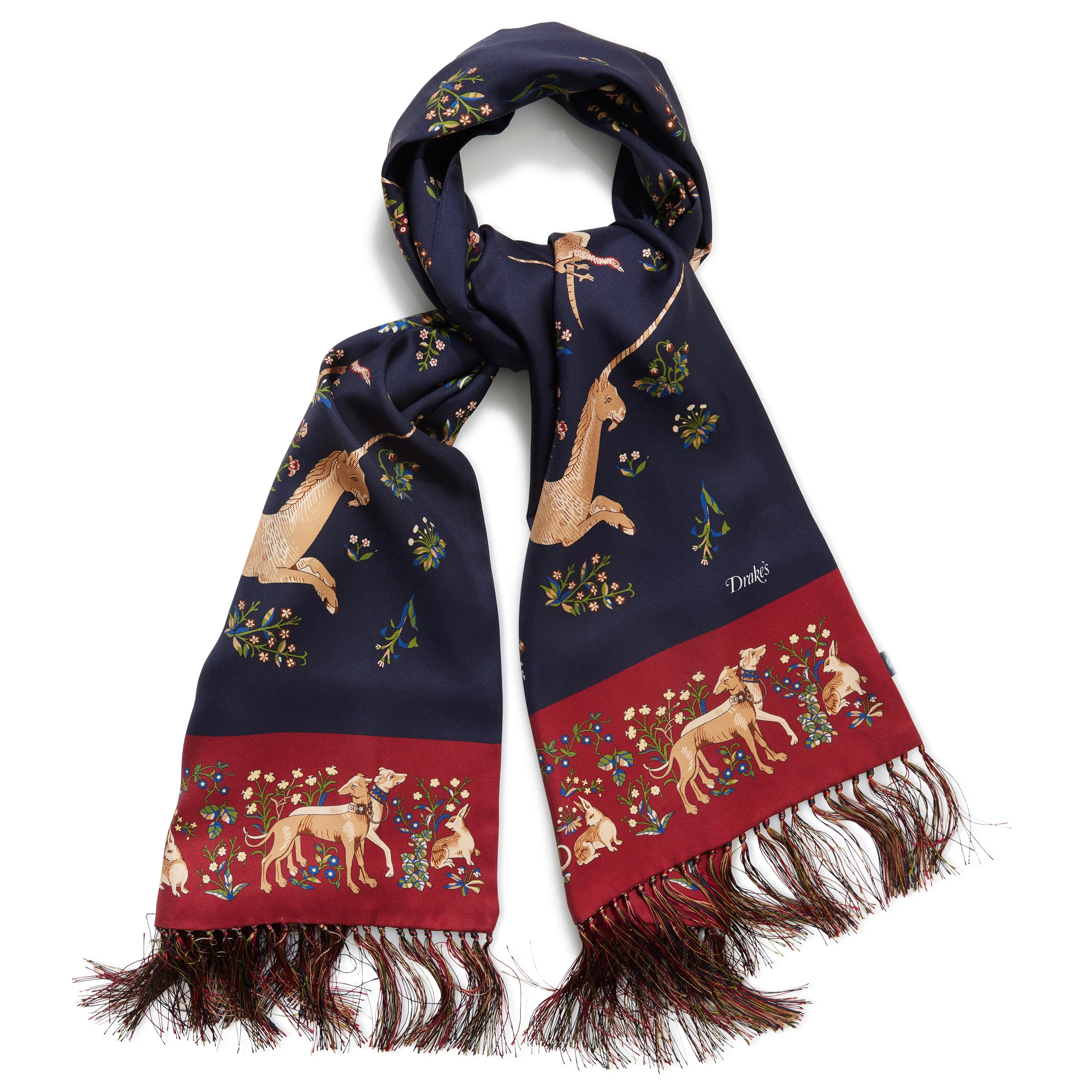 Silk Unicorn Print Tasseled Tubular Scarf