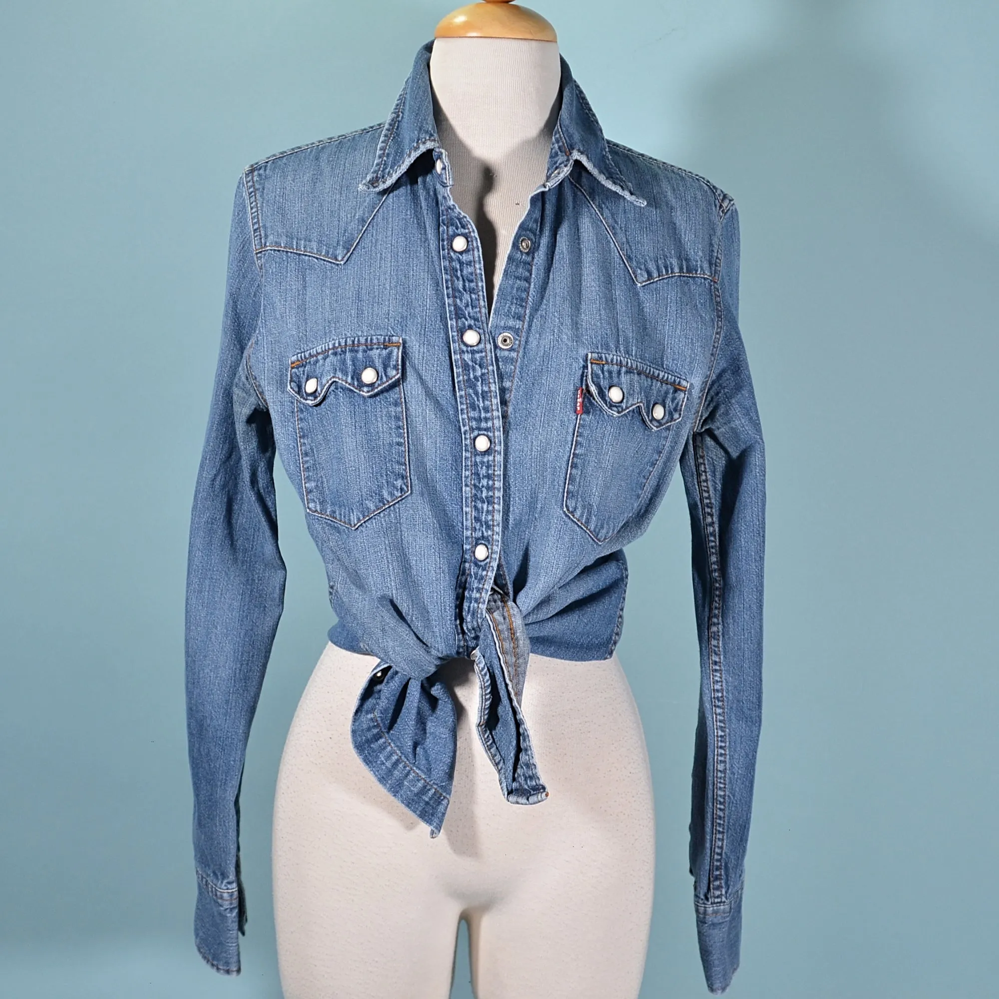 SOLD 90s Levis Denim Pearl Snap Western Blouse/Shirt, Red Tab Y2K  M