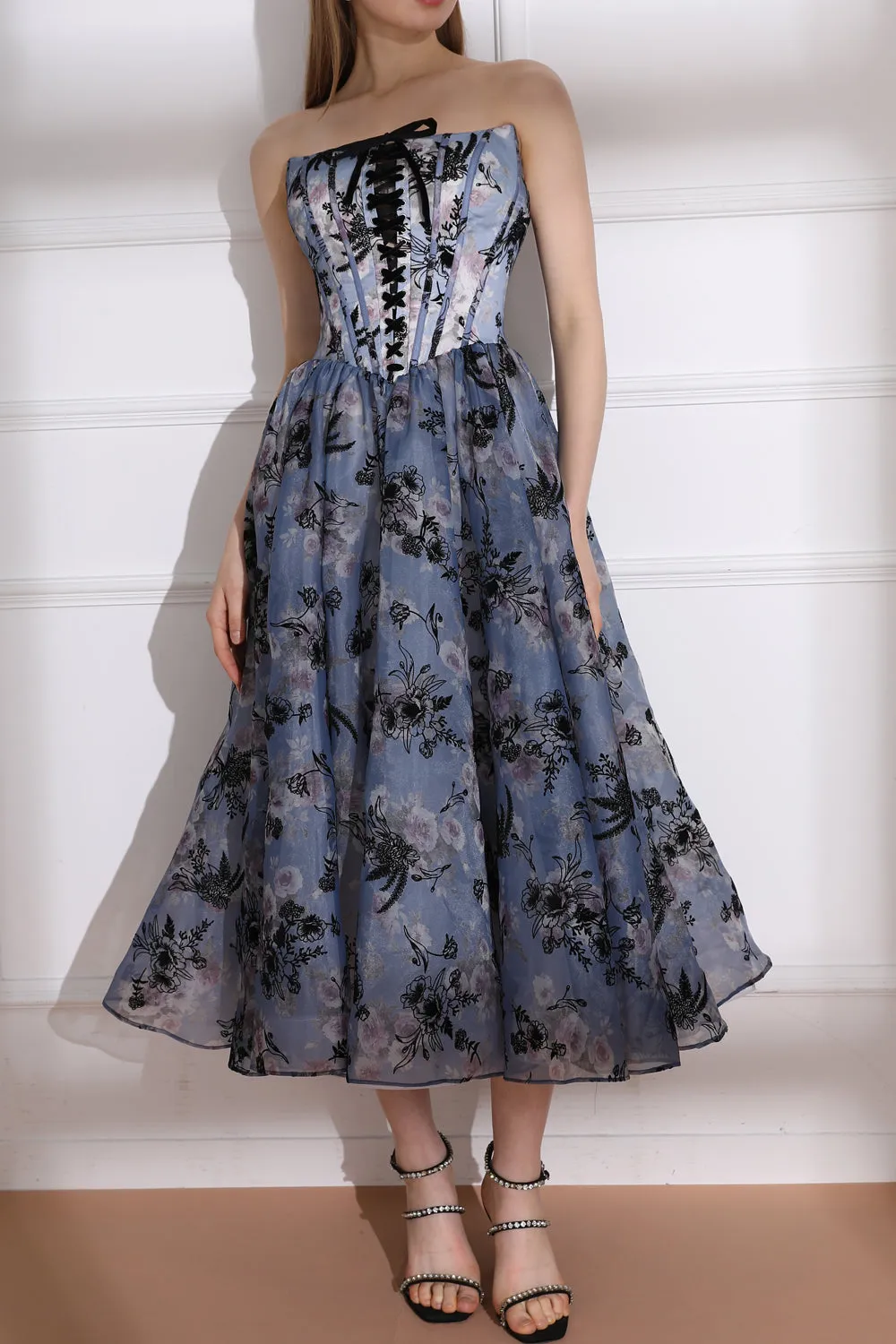 Strapless Corset with Lace Up Floral Print Midi Dress