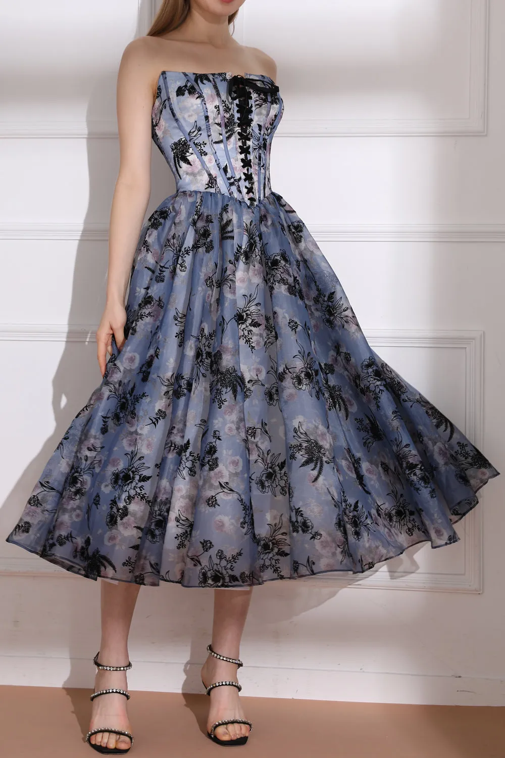Strapless Corset with Lace Up Floral Print Midi Dress