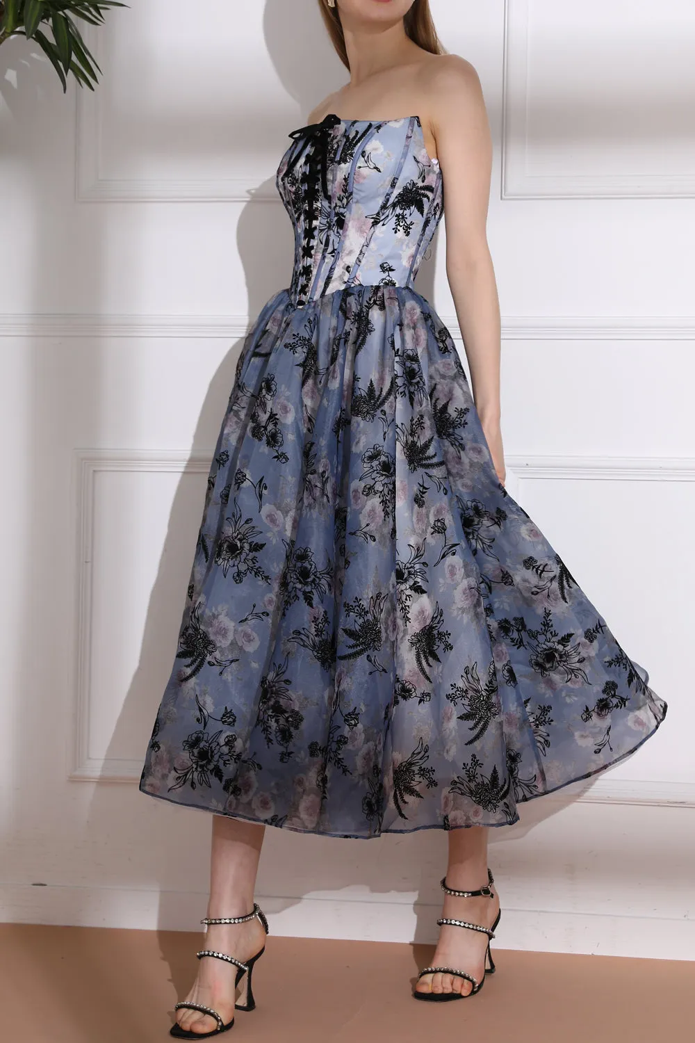 Strapless Corset with Lace Up Floral Print Midi Dress