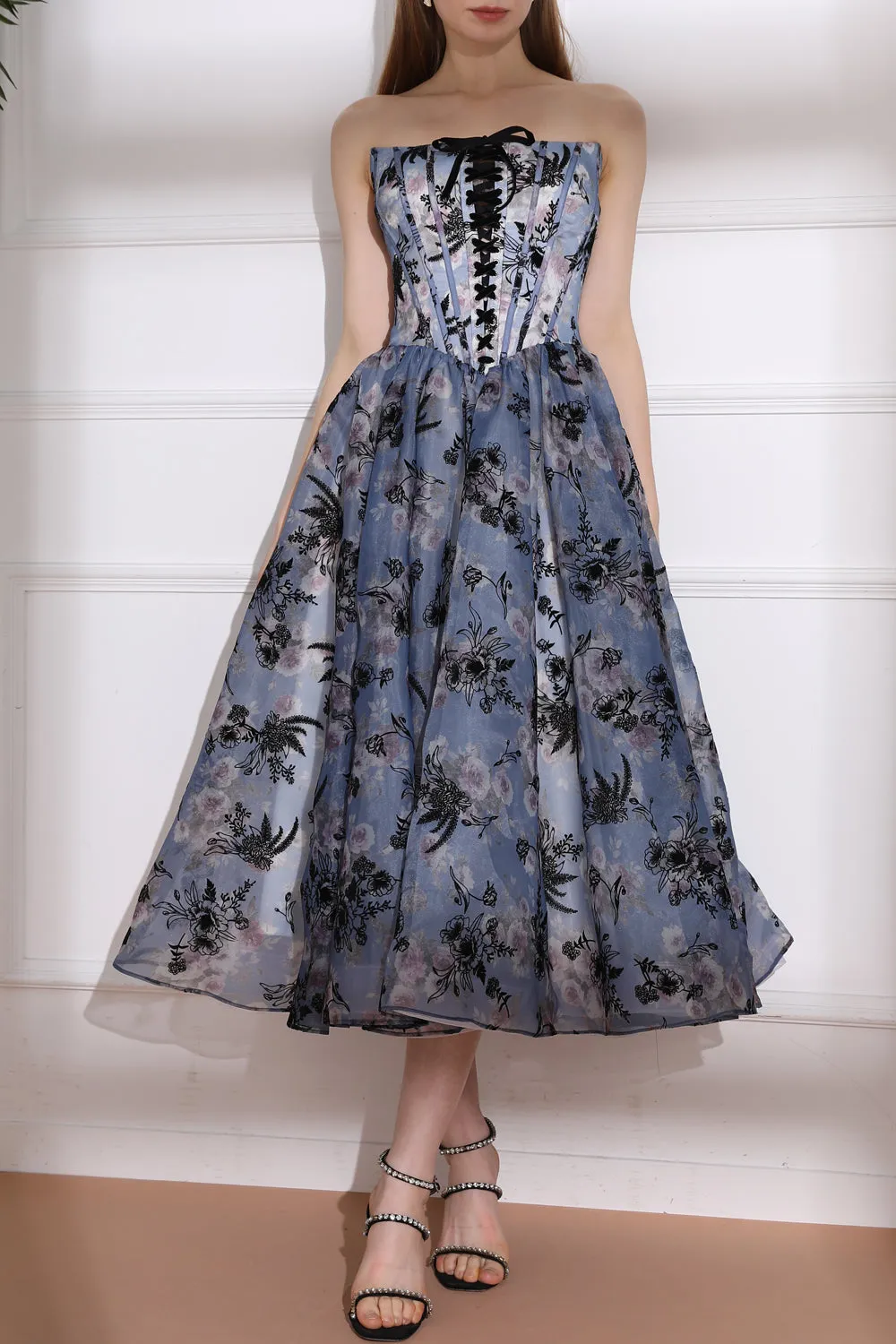 Strapless Corset with Lace Up Floral Print Midi Dress