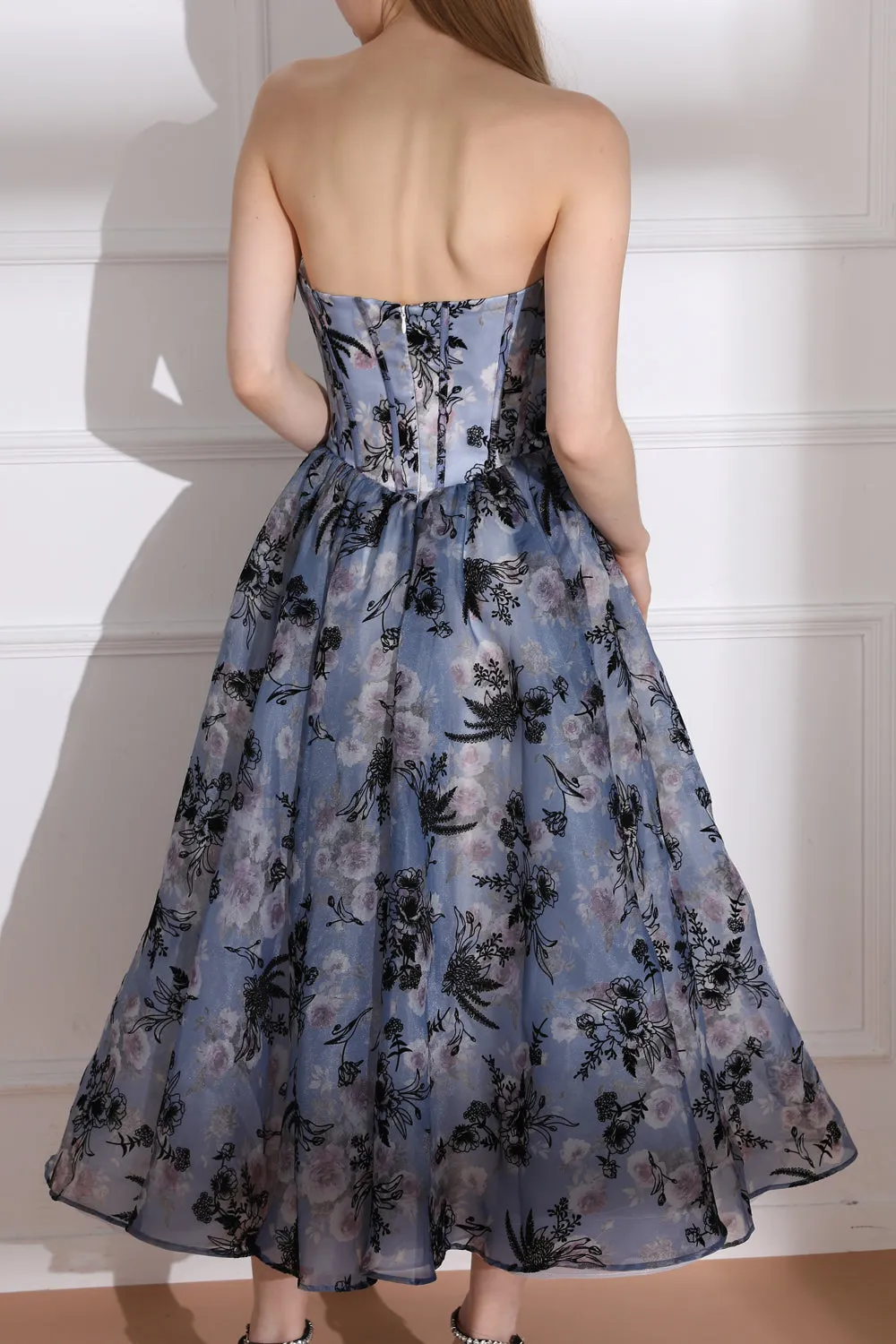 Strapless Corset with Lace Up Floral Print Midi Dress
