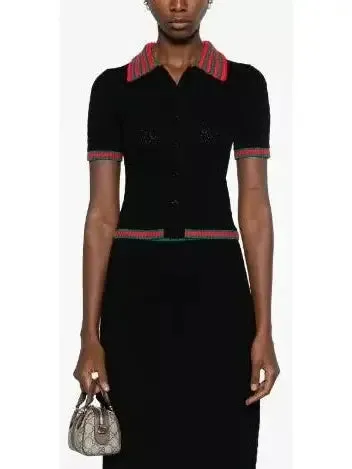 Women’s Cotton Lace Polo T-Shirt in Black with Red and Green Crochet Trim 