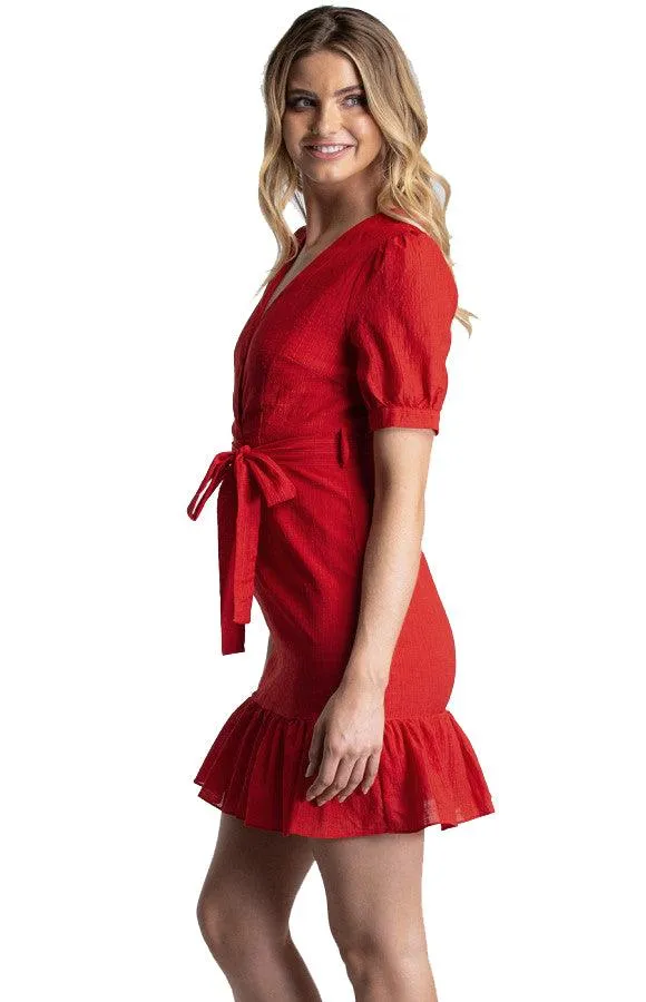 Women's Red Short Dress With Frill Hem
